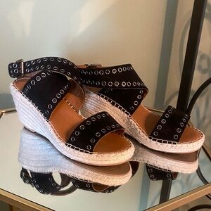 Black Eyelet Espadrille Wedge Sandals with Ankle Strap